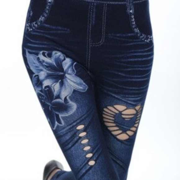 Faux Denim Slim Leggings Flower/Heart - Picture 3 of 4